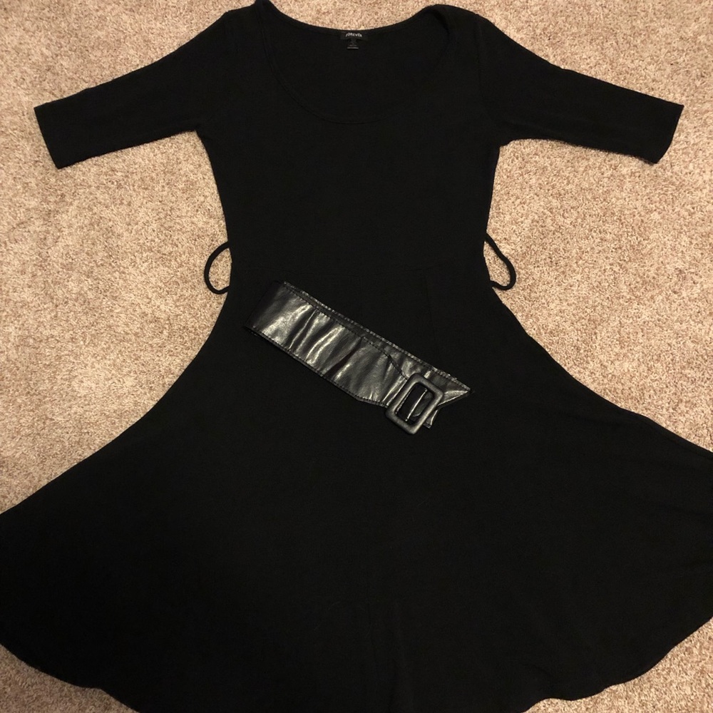 Black Fit & Flare Dress with 3/4 Sleeve Faux Leather Belt by Forever